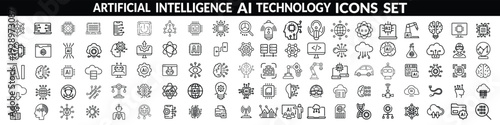 Artificial intelligence set of web icons in line style. AI technology icons for web and mobile app. Machine learning, digital AI technology, algorithm, smart robotic, cloud computing network