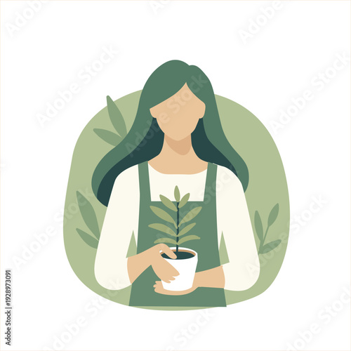 Woman Holding Potted Plant Caring For Green Houseplant. Indoor Gardening And Plant Care Concept