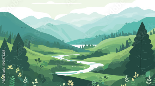 Flat vector landscape of a tranquil river flowing, minimalist nature scene with calm water, gentle hills and clear sky isolated on white background for environmental and travel design