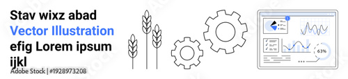 Agriculture innovation, data analysis, visual design, technology integration, crop production, engineering. Wheat stalks, gears and data chart. Agriculture innovation and data analysis concept