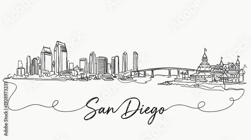 Minimalist San Diego California skyline and bridge panorama line art vector illustration