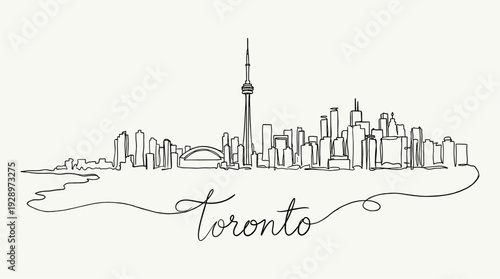 Minimalist Toronto city skyline panorama featuring CN Tower continuous line drawing vector illustration