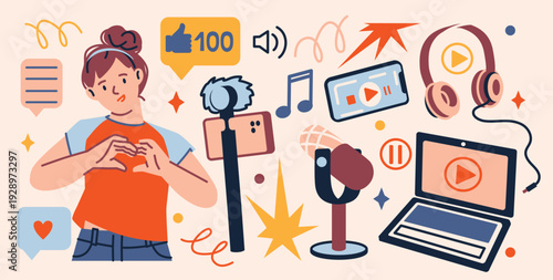 Young female blogger in heart hands pose with a content maker and media icons. Hand drawn icons and stickers for blogging or content creation.