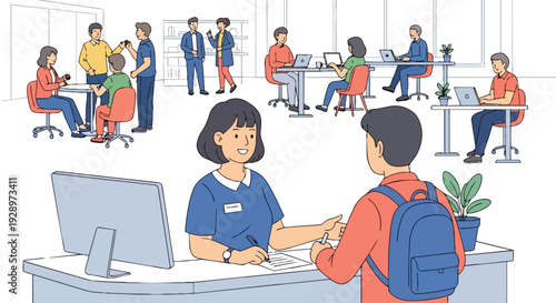 Illustration of a woman and man interacting at a reception desk in a modern coworking open space area with a flat 2D design.