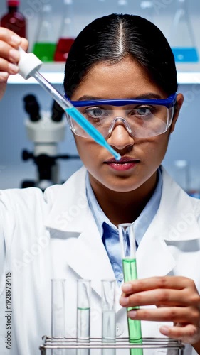 Woman in lab coat working with test tubes.