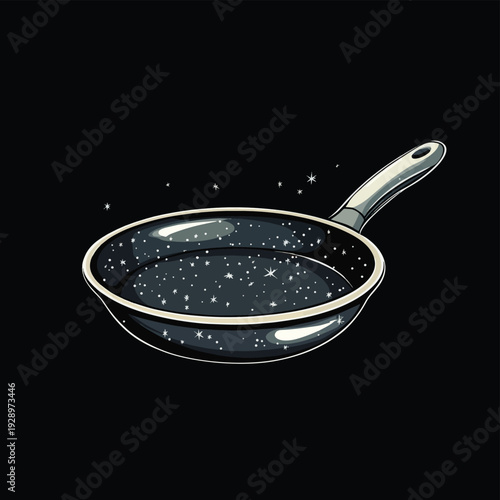 Cartoon illustration of a clean, empty frying pan or skillet with sparkles on a black background. Kitchen utensil for cooking. , vector style simple color