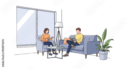 Flat 2D illustration of two people coworking in an open space area with a plant and large window