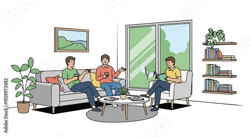 Illustration of three people in a coworking open space area with flat 2D design, sitting on a couch and chair, engaged in conversation and work.