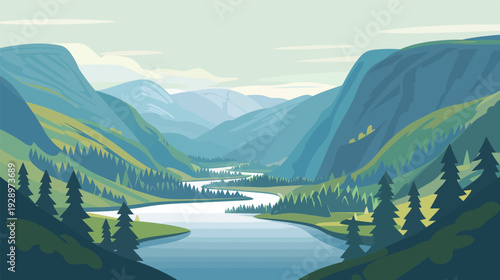 Flat vector landscape of a tranquil river flowing, minimalist nature scene with calm water, gentle hills and clear sky isolated on white background for environmental and travel design