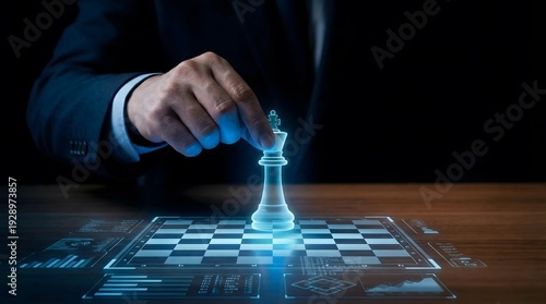 Businessman hand moving a glowing 3D holographic chess king piece on a digital circuit chessboard. Corporate strategy, leadership, and tactical foresight concept.