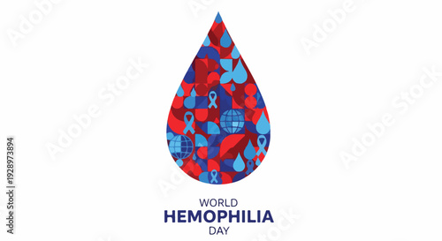 A stylized red and blue teardrop-shaped logo with a puzzle pattern represents World Hemophilia Day on a white background with bold typography.