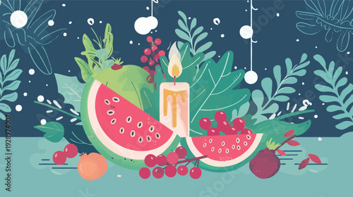 Flat vector poster with candle, pomegranate and watermelon, minimalist still life illustration with colorful fruit arrangement isolated on white background, simple modern decorative design for home