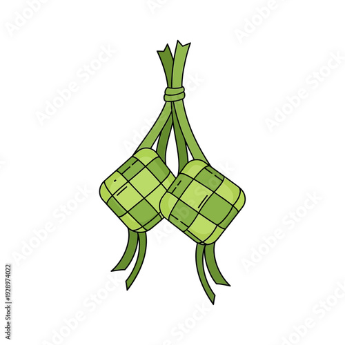 two hanging ketupat rice cakes tied together with long palm leaf ribbons
