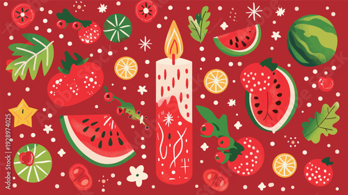 Flat vector poster with candle, pomegranate and watermelon, minimalist still life illustration with colorful fruit arrangement isolated on white background, simple modern decorative design for home