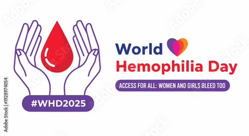 A graphic illustration for World Hemophilia Day with a red blood drop between hands and a purple and orange heart on a white background.