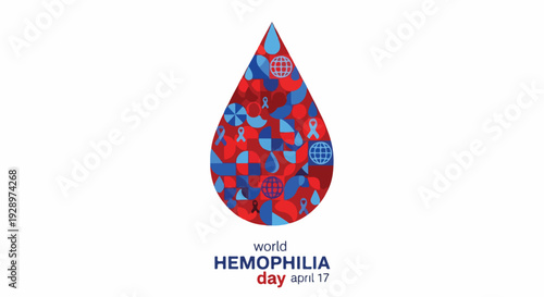 A red and blue teardrop-shaped logo with 'world HEMOPHILIA day april 17' text on a white background for World Hemophilia Day awareness.