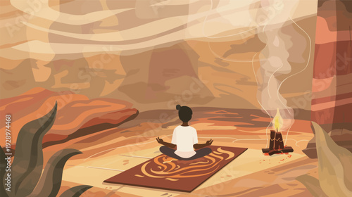 Flat vector illustration of a person meditating in a quiet room, minimalist mindfulness and yoga concept with calm interior scene