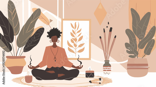 Flat vector illustration of a person meditating in a quiet room, minimalist mindfulness and yoga concept with calm interior scene