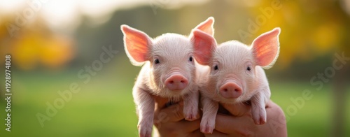 The piglets held gently in hands against a soft sunlit outdoor background
