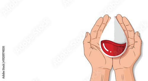 Illustration of hands holding a droplet of blood on World Hemophilia Day against a clean white background.