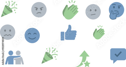 Social Media Reaction Emoji Icon Set Including Like Thumbs Up Clapping Hands Celebration Party Approval Check Mark And User Symbols