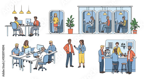 Flat 2D illustration of people working in a coworking open space area with various stations and activities.