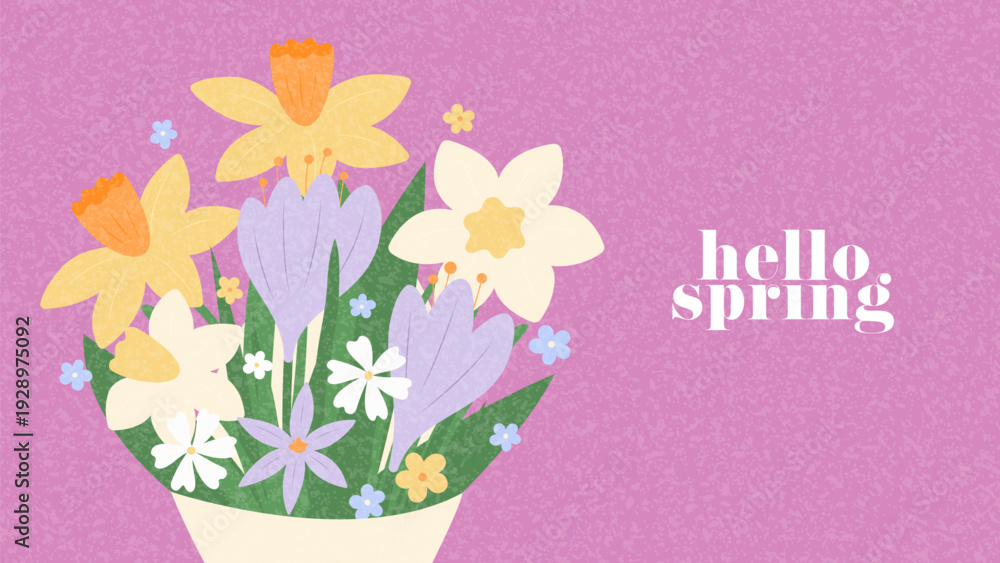 Fototapeta premium Beautiful spring banner template. Creative bouquet with blooming wildflowers. Vector illustration with crocuses, daisies and narcissus. Seasonal card, branding, cover and spring advertising.
