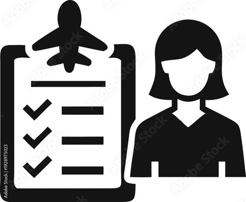 Female professional managing travel preparations with a comprehensive flight checklist icon