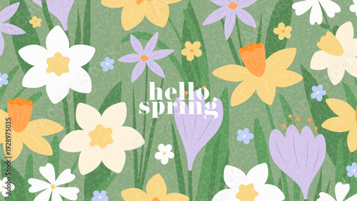 Cheerful spring greeting card. Vector banner with blooming wildflowers. Crocuses, daisies, and narcissus in trendy design on green background. Seasonal card, branding, cover and spring advertising.