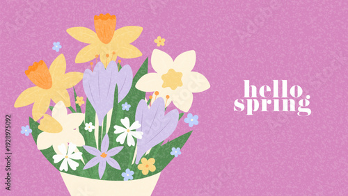 Beautiful spring banner template. Creative bouquet with blooming wildflowers. Vector illustration with crocuses, daisies and narcissus. Seasonal card, branding, cover and spring advertising.