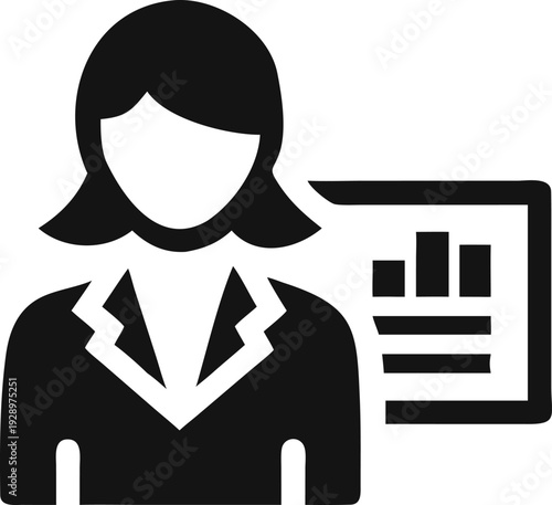 Female professional presenting financial data with a simple bar chart icon