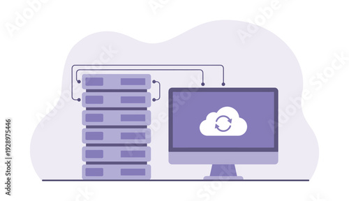 Cloud Backup Illustration with Server Rack and Desktop Monitor