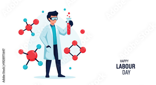 Illustration of a scientist in a lab coat holding a test tube surrounded by molecular structures on Labour Day.