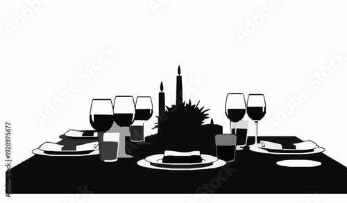 Bold Tablescape Silhouette Vector Wine Glasses Candles Dinner Table Illustration for Print and Digital