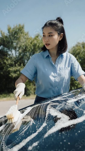 Woman washing car with sponge outdoors.