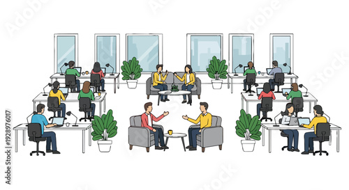 Flat 2D illustration of a diverse group of people working together in a modern coworking open space area with desks and plants.