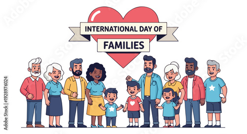 Illustration of diverse people of various ages standing together under a heart symbolizing International Day of Families on a white background