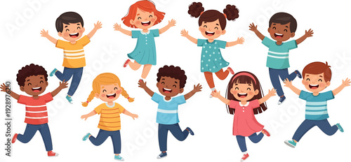 Happy Diverse Children Jumping and Playing Together with Joyful Expressions on a White Background