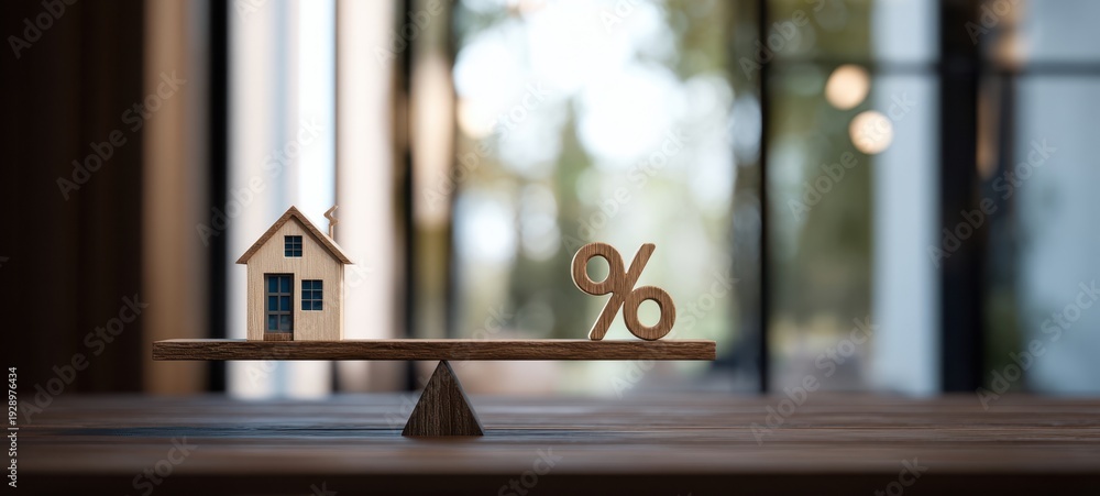 Obraz premium The house and percentage symbol balanced on wooden seesaw representing mortgage interest rates