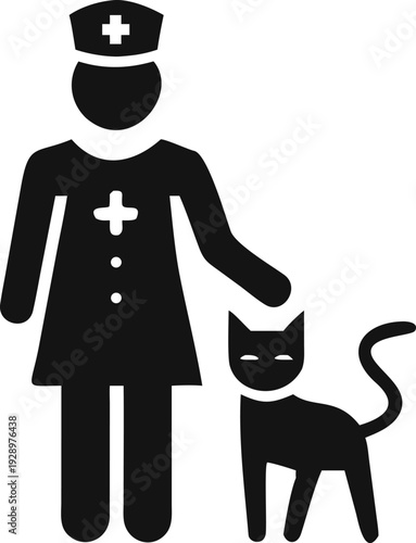 Female Veterinarian Icon Standing with a Cat Representing Pet Healthcare and Essential Animal Welfare