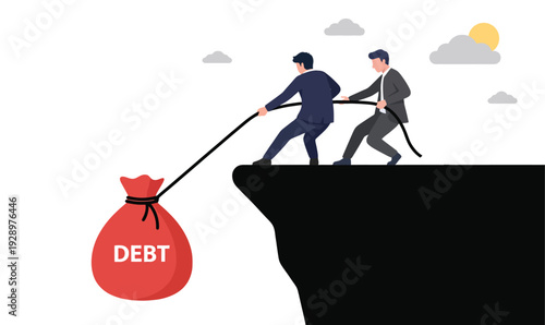Businessmen struggling to pull a heavy debt bag from a cliff edge, teamwork and financial crisis concept