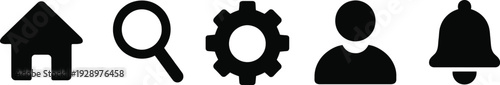 Basic website navigation icon set including home search settings user and bell