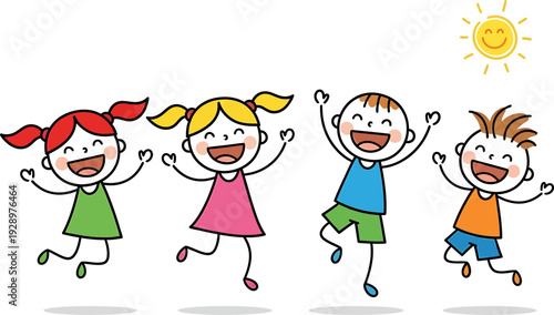 Happy diverse children jumping together under a smiling sun on a bright day