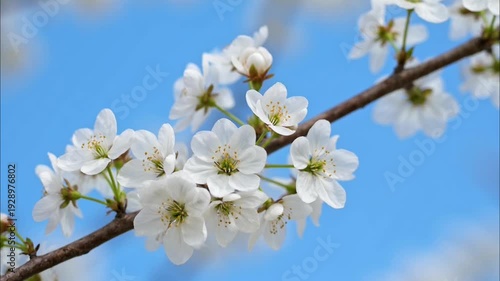 Blossoming Beauty: Delicate white cherry blossoms bloom gracefully on a slender branch, set against a clear, azure sky, creating a scene of pure spring joy and the beauty of nature.
