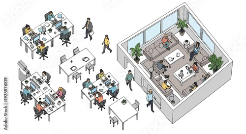Isometric illustration of a bustling coworking space with people working at desks in an open area and a glass-walled meeting room.