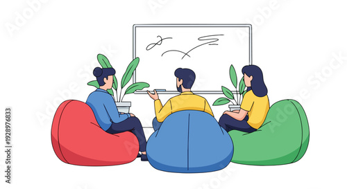 Flat 2D illustration of three people sitting on bean bags in a coworking open space area with a whiteboard in the background.