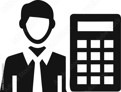 Financial professional man standing beside a large calculator device