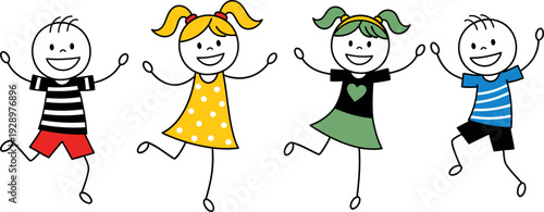 Joyful stick figure children jumping and playing together on a white background