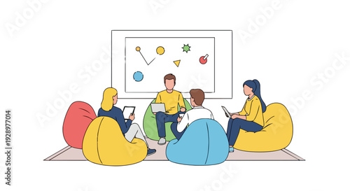 Flat 2D illustration of a team collaborating in a coworking openspace area with a whiteboard and colorful bean bags.