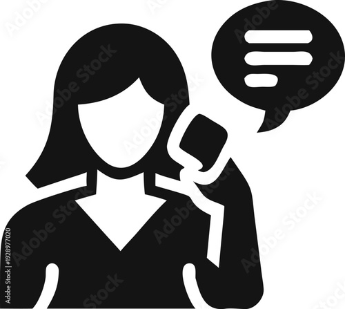 Friendly customer service representative talking on a telephone with a speech bubble for communication